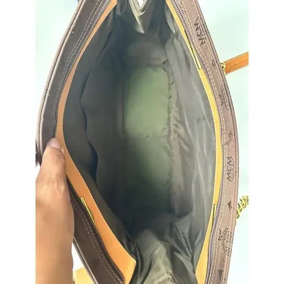 MCM Visetos Nylon Leather Logo Shoulder Tote Bag Brown Large Chain Straps - Picture 14 of 16